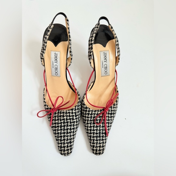Jimmy Choo Vintage Black White Houndstooth Wool Red Dainty Ribbon Pumps EU 37 - Picture 2 of 7